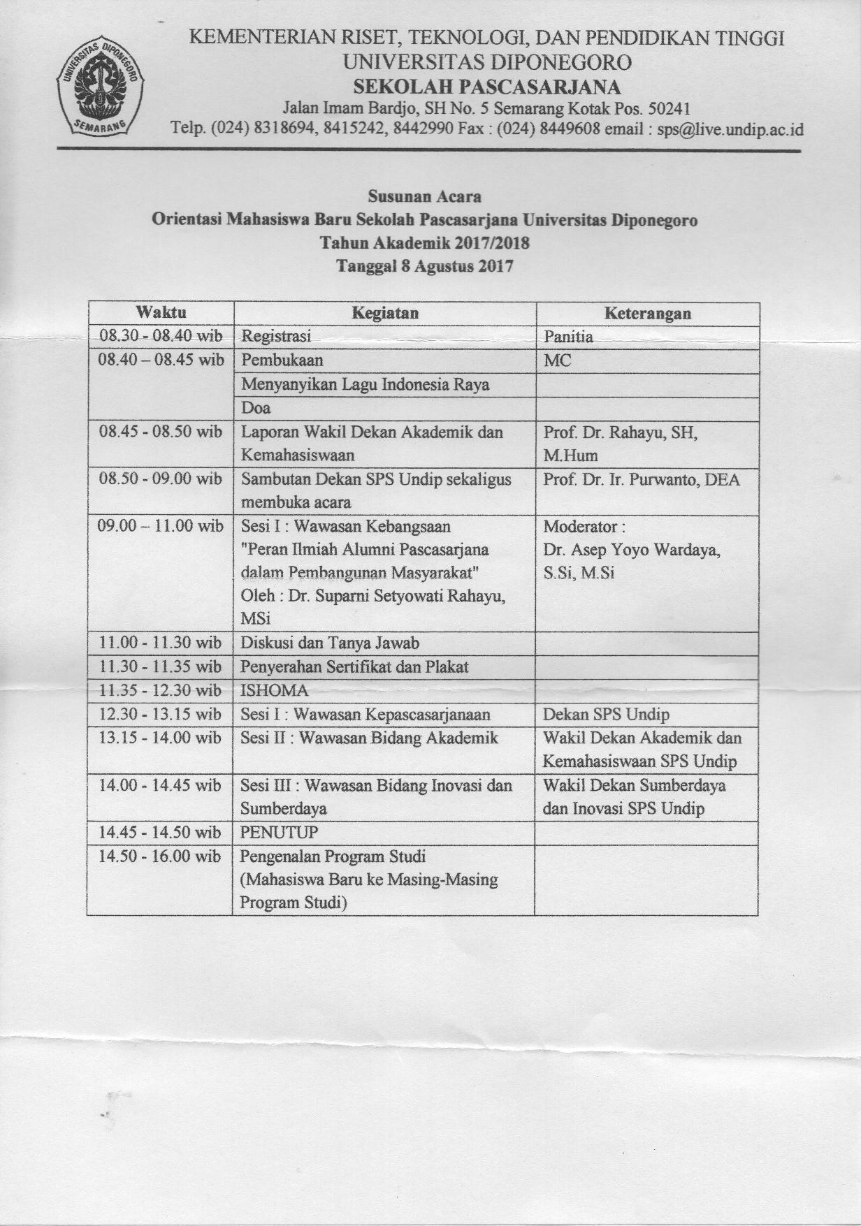 Orientasi Mahasiswa Baru Sekolah Pascasarjana UNDIP 2017/2018