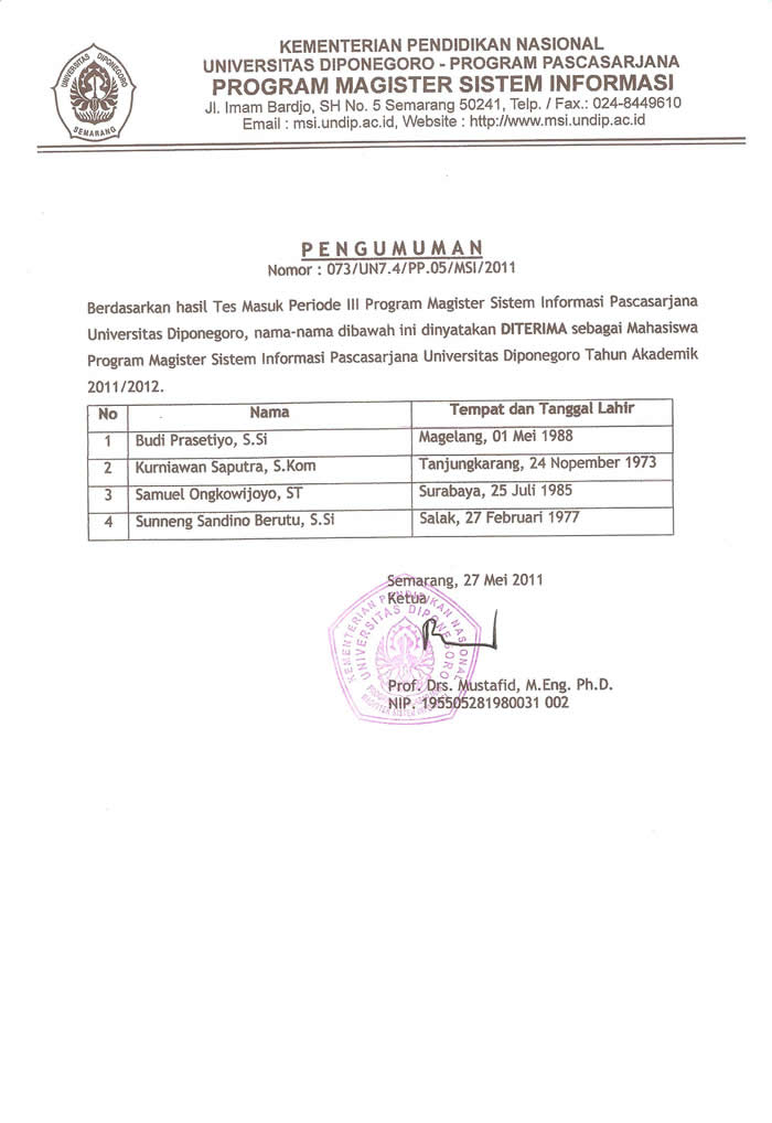 Pengumuman Kelulusan Periode III TA 2011/2012 Jalur Beasiswa Unggulan