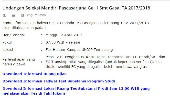 Undangan Seleksi Mandiri Pascasarjana Gelombang 1 Semester Gasal TA 2017/2018
